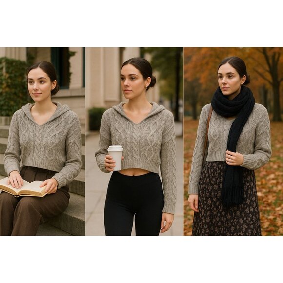 Aeropostale Wn Cropped Chunky CableKnit Sweater Gray L Light Academia Cozy Fall - Picture 1 of 15